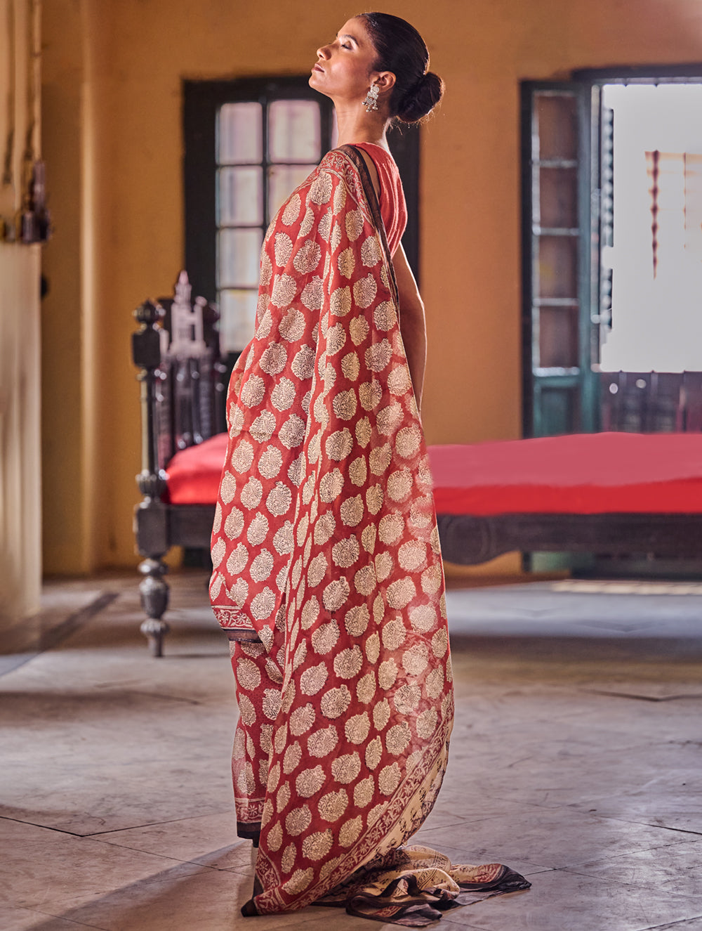 Bagru Statements : Hand Block Printed Chanderi Saree - Kairi Punch