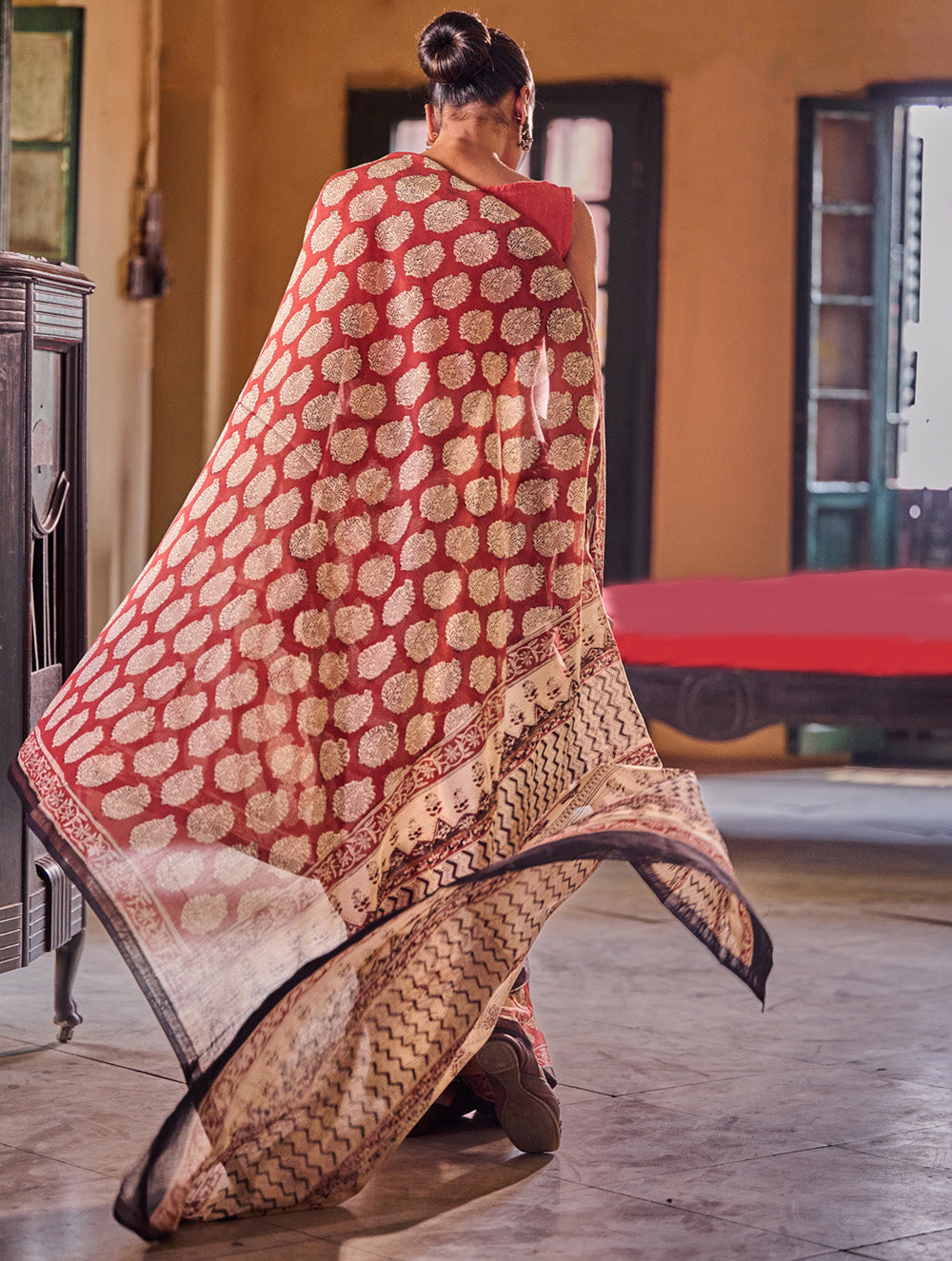 Bagru Statements : Hand Block Printed Chanderi Saree - Kairi Punch