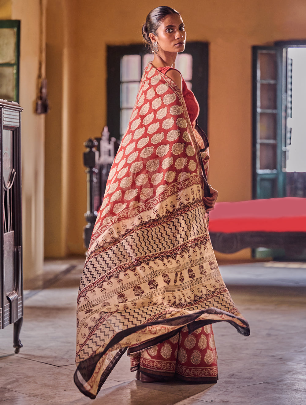 Bagru Statements : Hand Block Printed Chanderi Saree - Kairi Punch