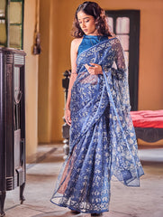 Bagru Statements: Hand Block Printed Kota Doria Saree - Indigo Garden