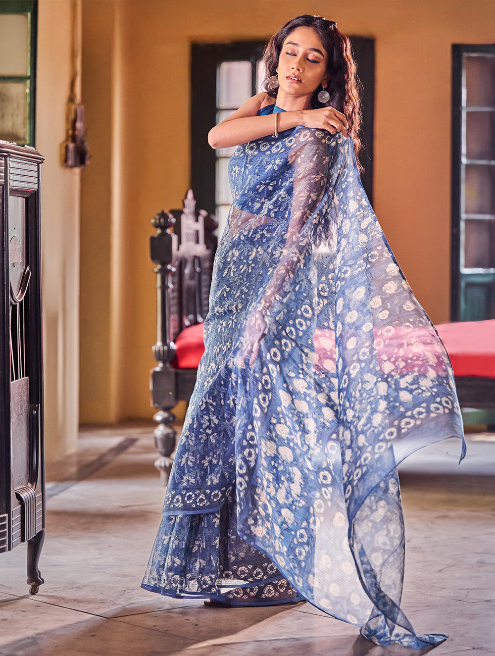 Bagru Statements: Hand Block Printed Kota Doria Saree - Indigo Garden