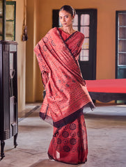 Ajrakh Elegance.Exclusive Hand Block Printed Chanderi  Saree - Surkh Sitara