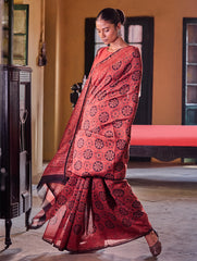 Ajrakh Elegance.Exclusive Hand Block Printed Chanderi  Saree - Surkh Sitara