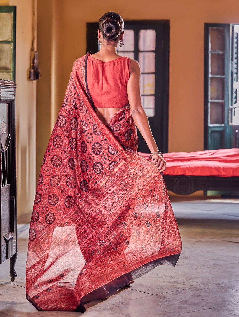 Ajrakh Elegance.Exclusive Hand Block Printed Chanderi  Saree - Surkh Sitara
