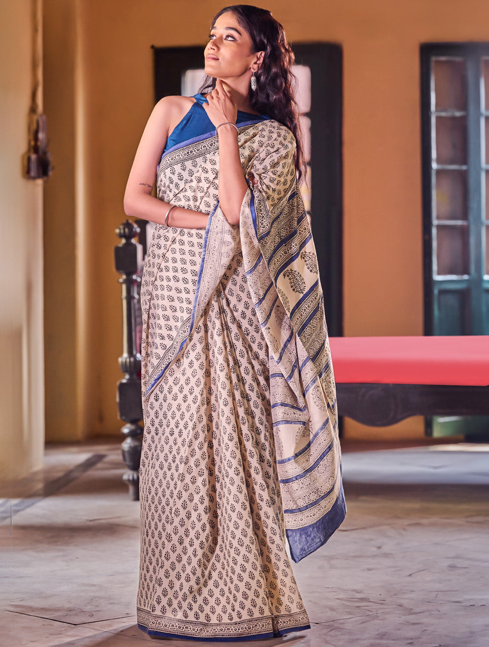 Bagru Statements: Hand Block Printed Mul Cotton Saree - Neel Pushp. 