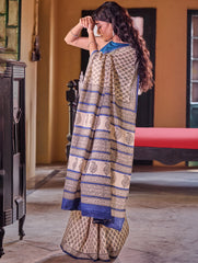 Bagru Statements: Hand Block Printed Mul Cotton Saree - Neel Pushp. 