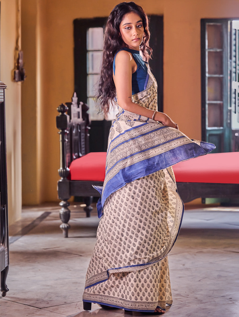 Bagru Statements: Hand Block Printed Mul Cotton Saree - Neel Pushp. 