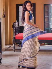 Bagru Statements: Hand Block Printed Mul Cotton Saree - Neel Pushp. 