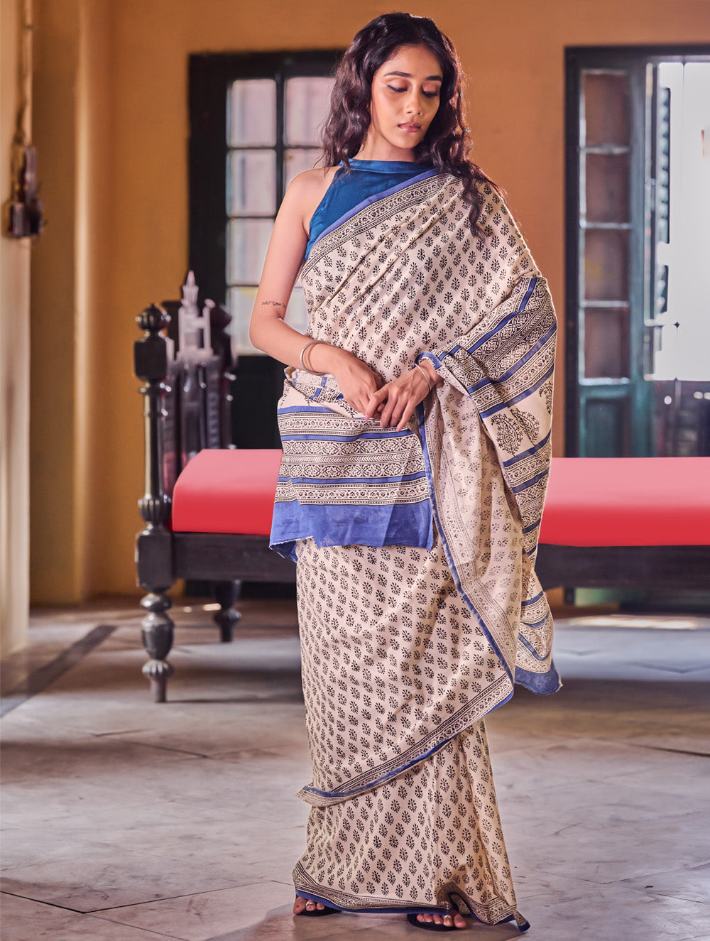Bagru Statements: Hand Block Printed Mul Cotton Saree - Neel Pushp. 