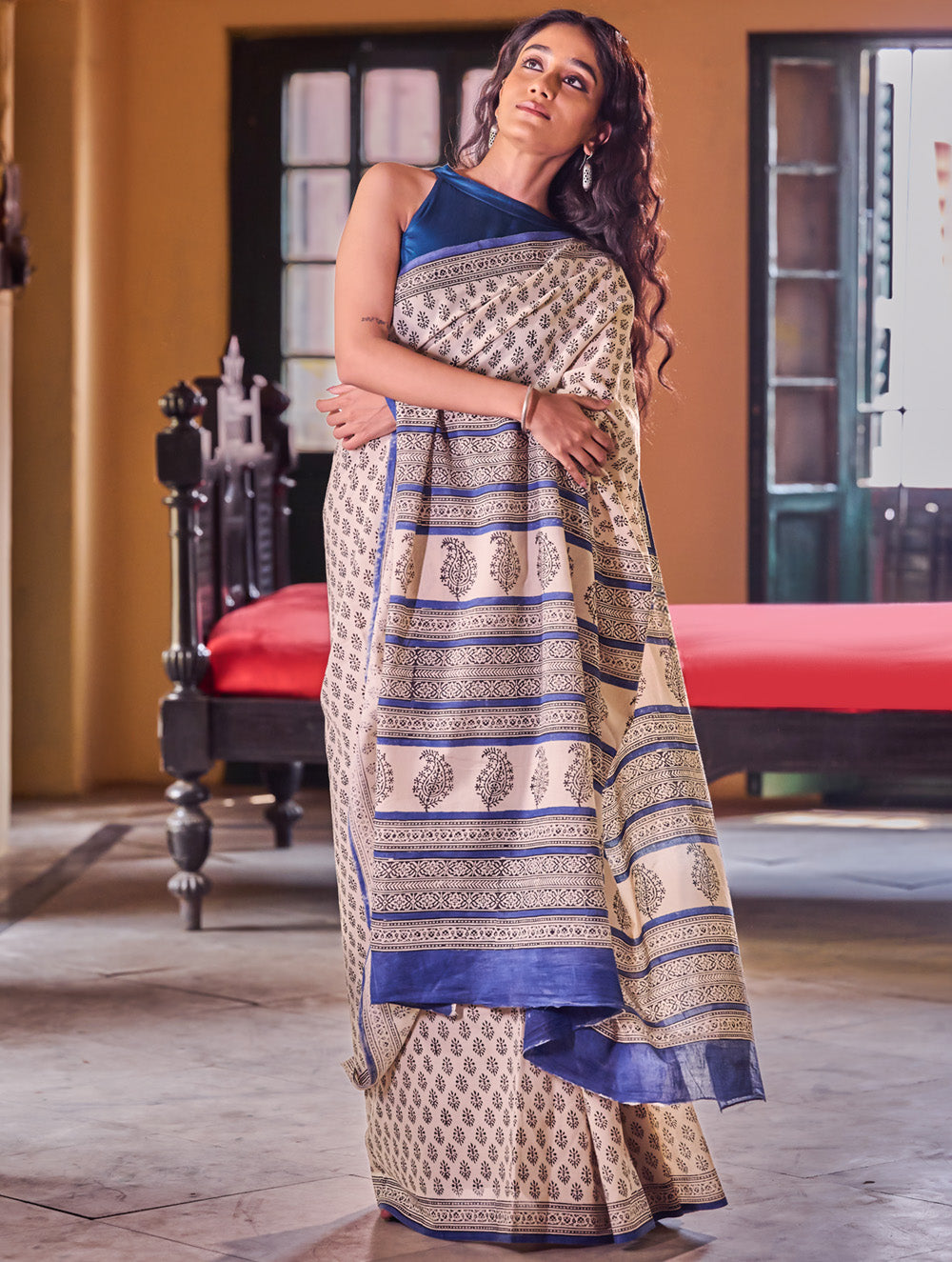 Bagru Statements: Hand Block Printed Mul Cotton Saree - Neel Pushp. 