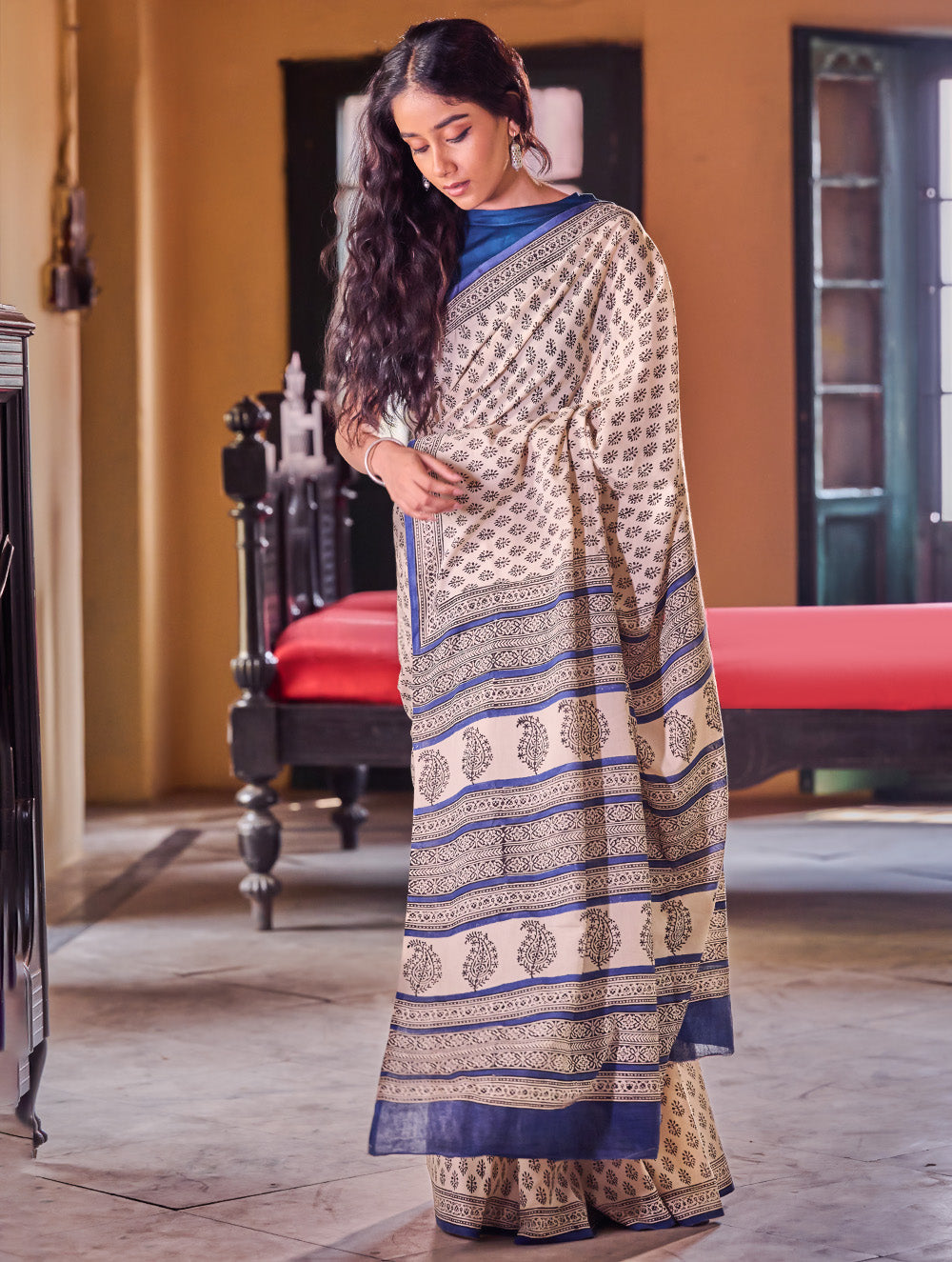 Bagru Statements: Hand Block Printed Mul Cotton Saree - Neel Pushp. 