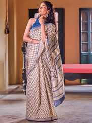 Bagru Statements: Hand Block Printed Mul Cotton Saree - Neel Pushp. 