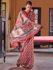 Bagru Statements : Hand Block Printed Chanderi Saree - Phool Mandi