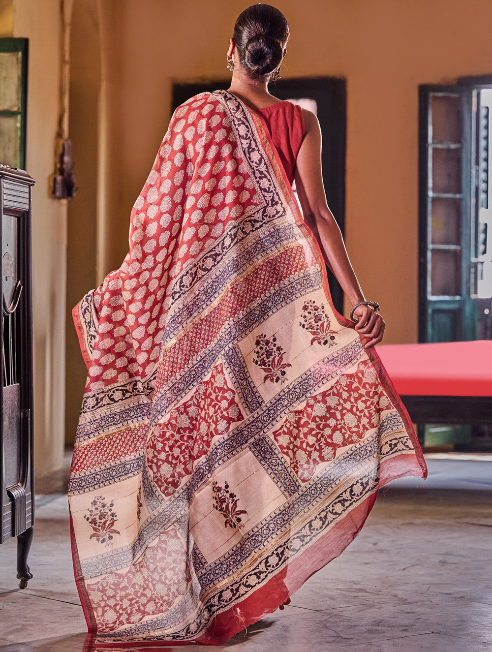 Bagru Statements : Hand Block Printed Chanderi Saree - Phool Mandi