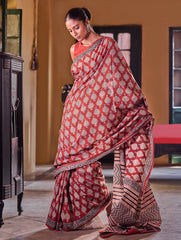 Bagru Statements: Hand Block Printed Mul Cotton Saree - Surkh Kairi