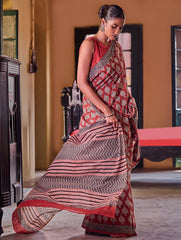 Bagru Statements: Hand Block Printed Mul Cotton Saree - Surkh Kairi