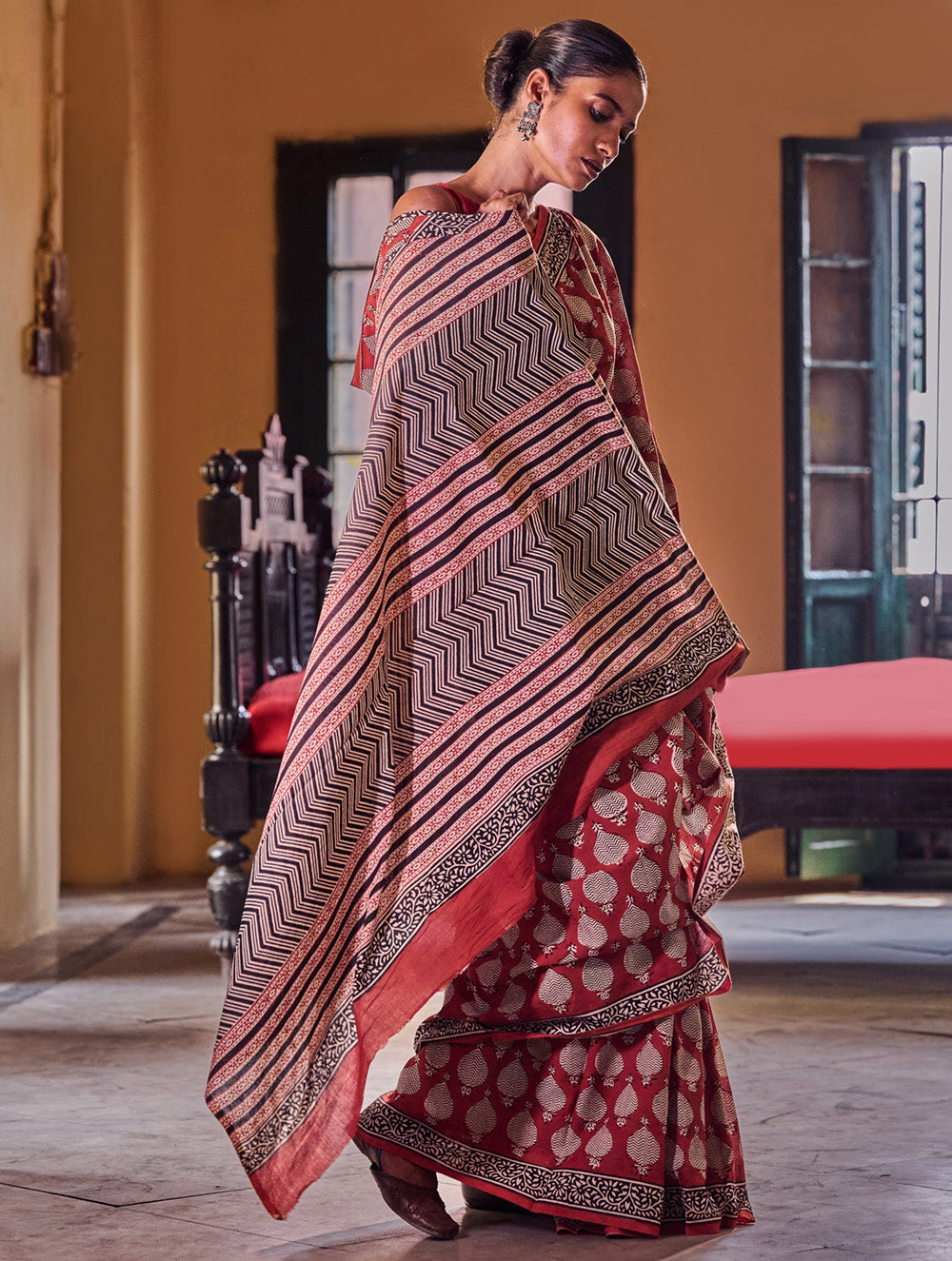 Bagru Statements: Hand Block Printed Mul Cotton Saree - Surkh Kairi
