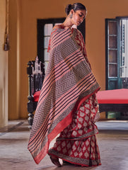 Bagru Statements: Hand Block Printed Mul Cotton Saree - Surkh Kairi