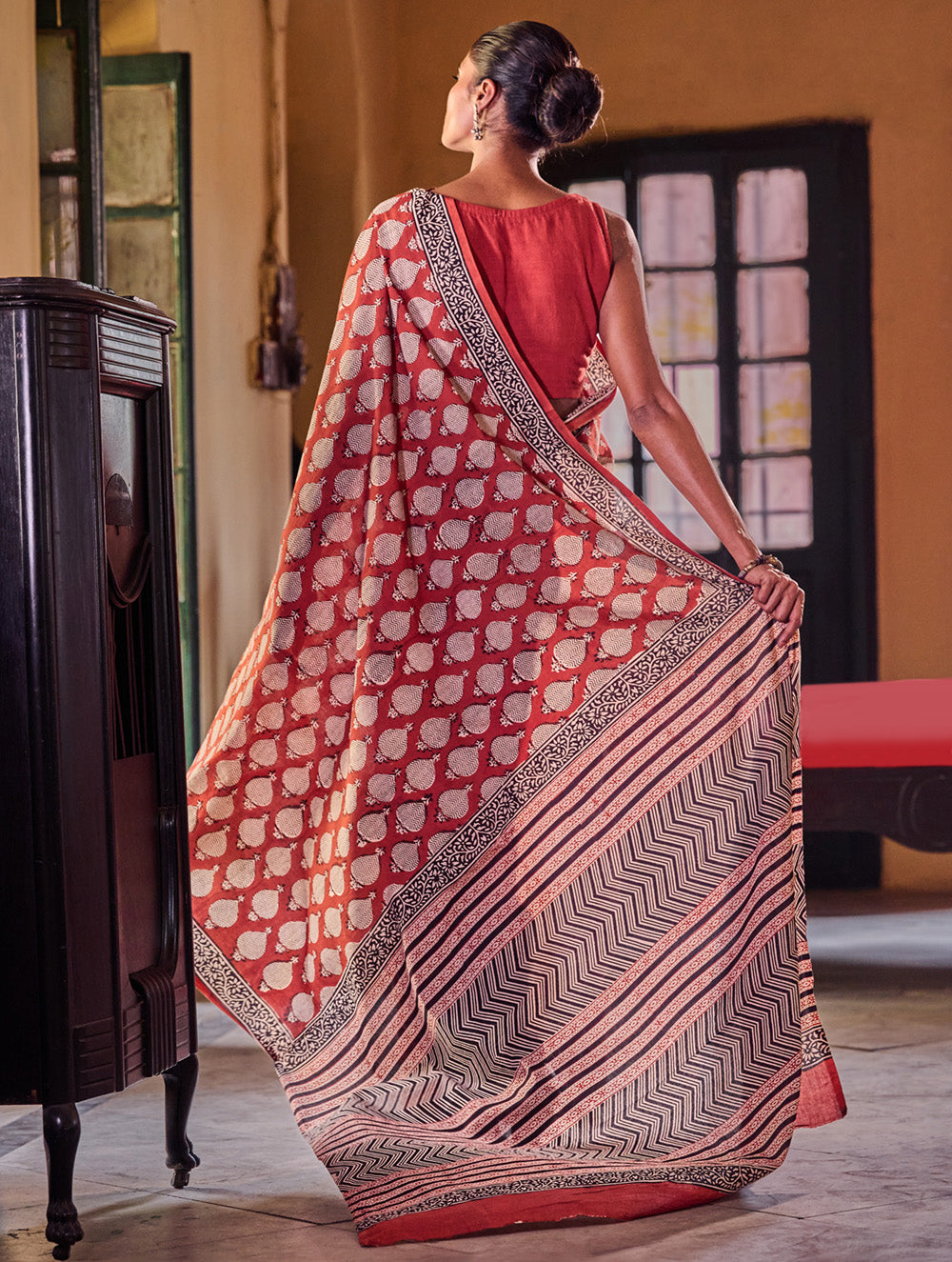 Bagru Statements: Hand Block Printed Mul Cotton Saree - Surkh Kairi
