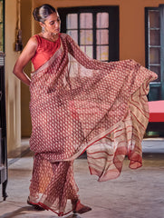 Bagru Statements: Hand Block Printed Kota Doria Saree - Brick Heritage