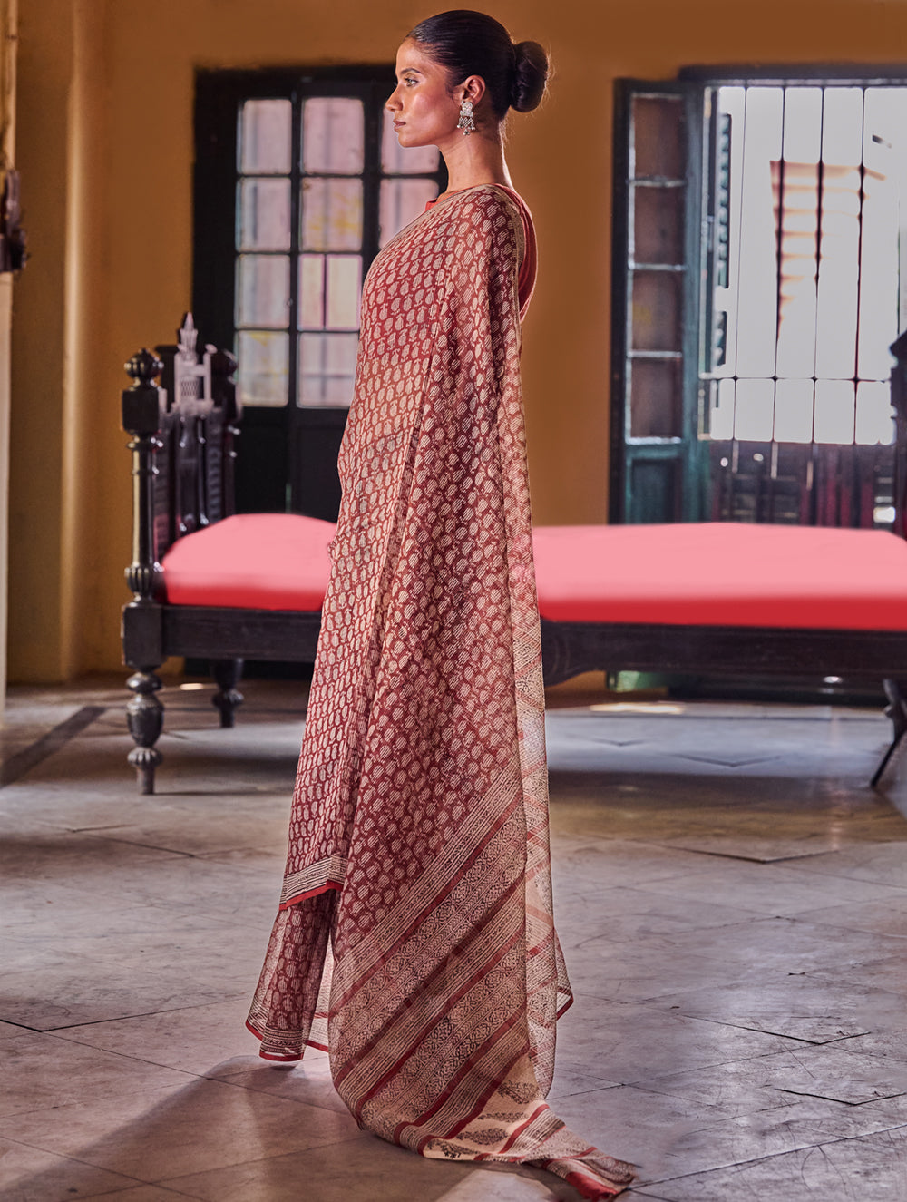 Bagru Statements: Hand Block Printed Kota Doria Saree - Brick Heritage