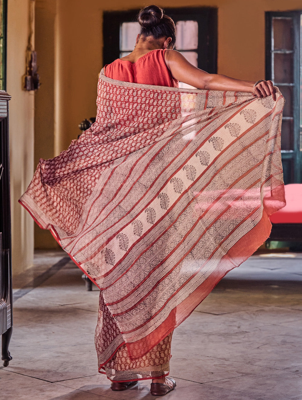 Bagru Statements: Hand Block Printed Kota Doria Saree - Brick Heritage