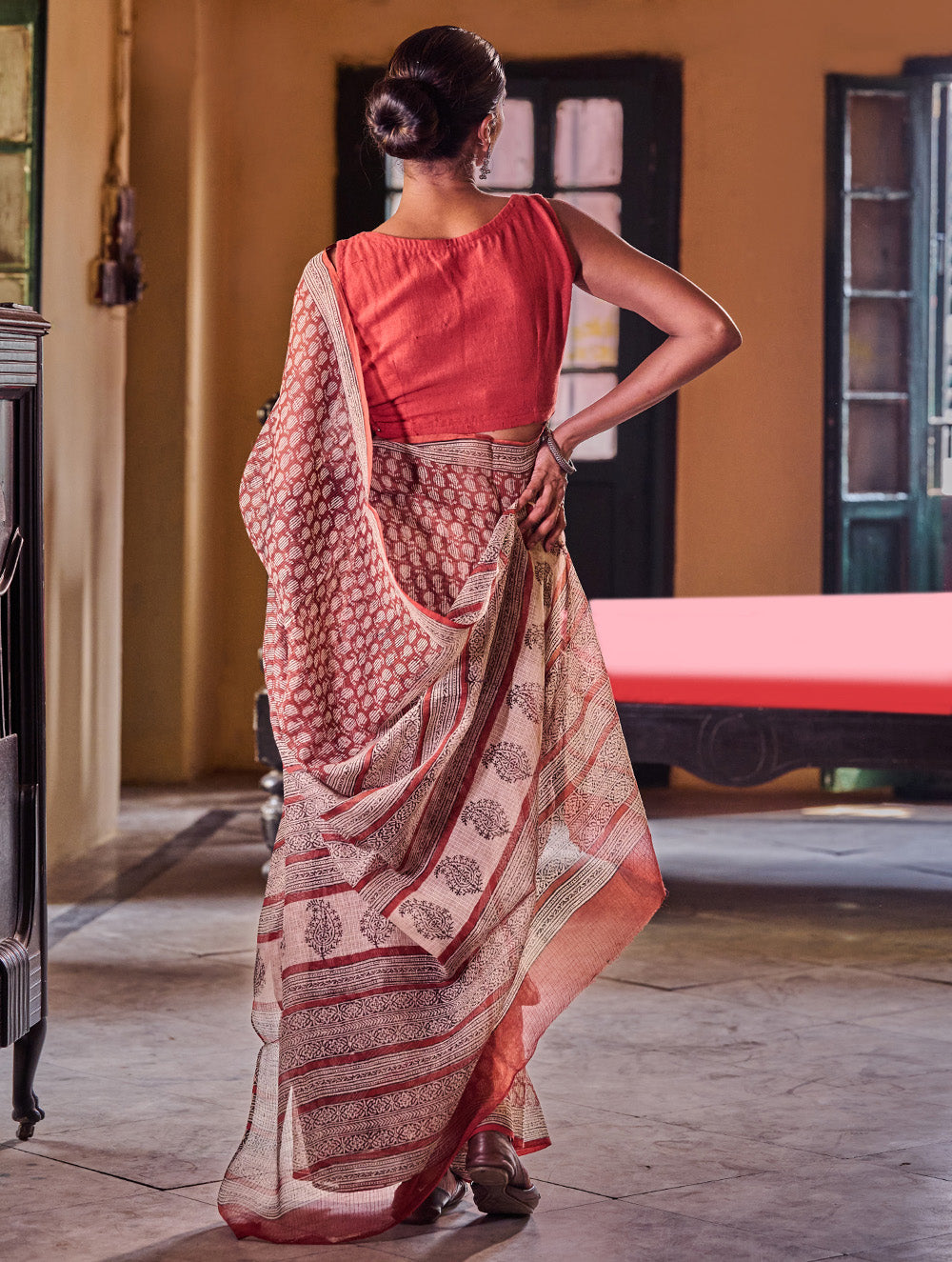 Bagru Statements: Hand Block Printed Kota Doria Saree - Brick Heritage