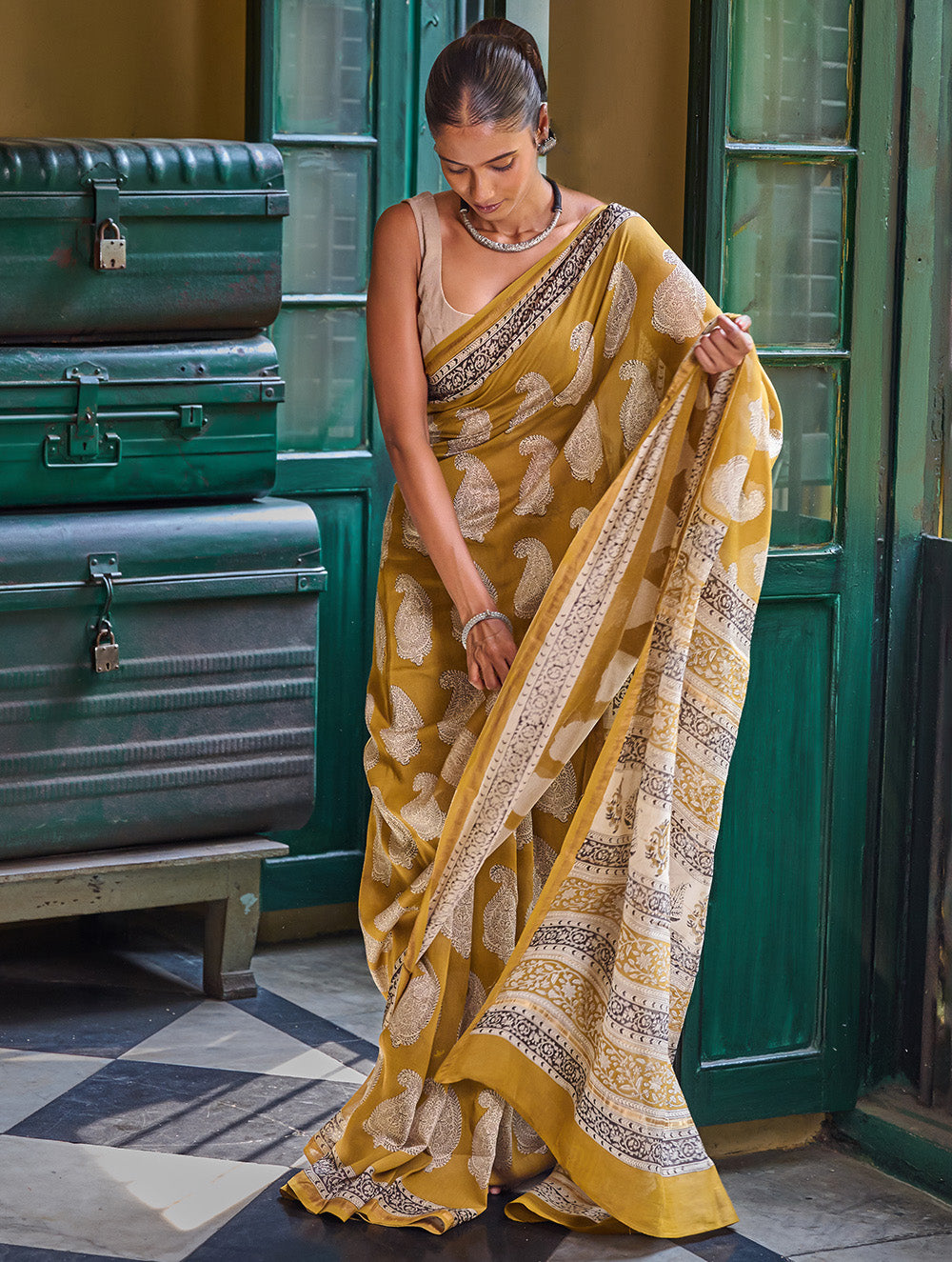 Bagru Statements: Hand Block Printed Modal Silk Saree - Mustard Paisley