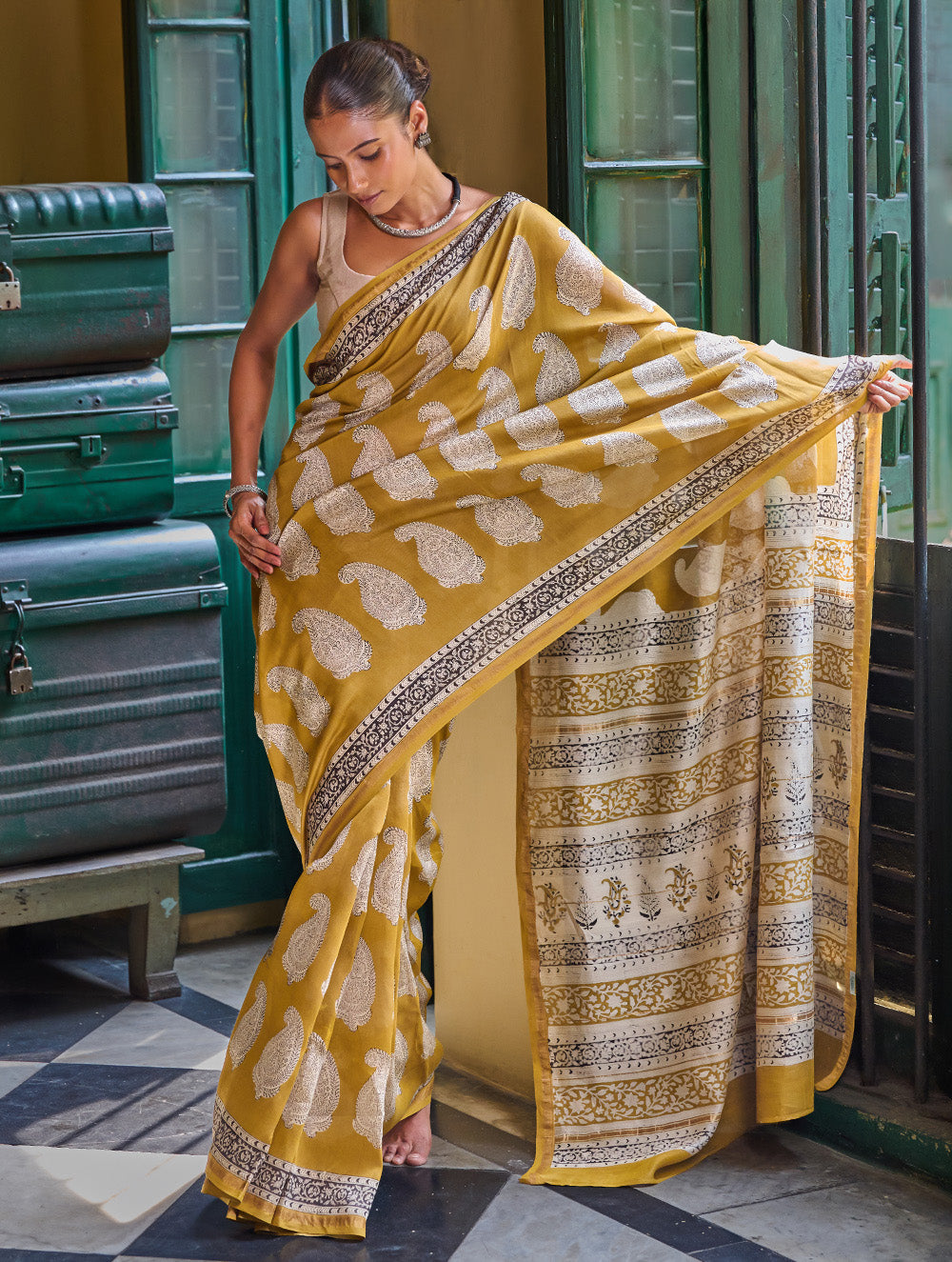 Bagru Statements: Hand Block Printed Modal Silk Saree - Mustard Paisley