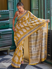 Bagru Statements: Hand Block Printed Modal Silk Saree - Mustard Paisley