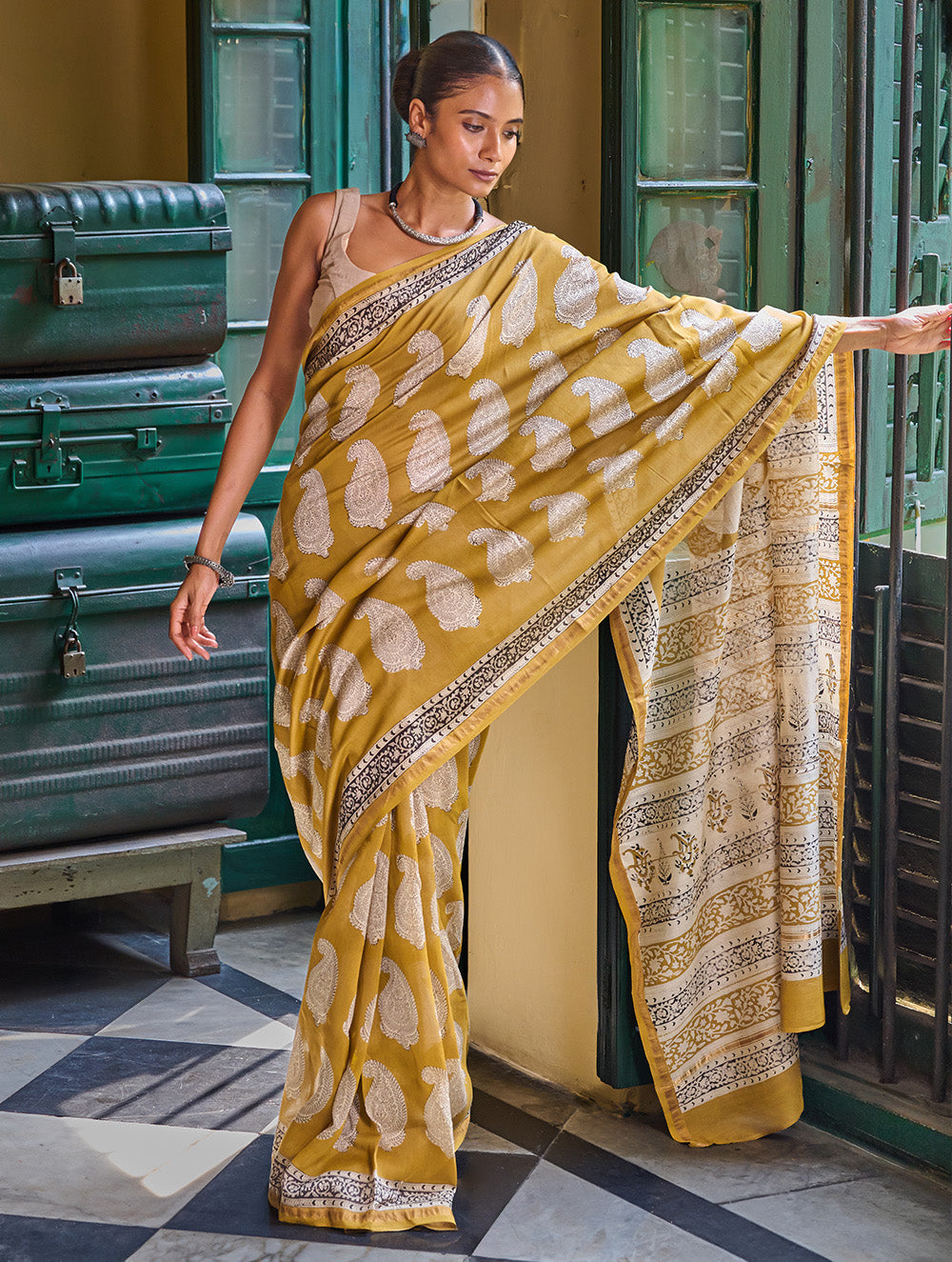Bagru Statements: Hand Block Printed Modal Silk Saree - Mustard Paisley