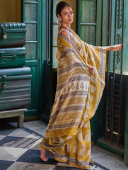 Bagru Statements: Hand Block Printed Modal Silk Saree - Mustard Paisley