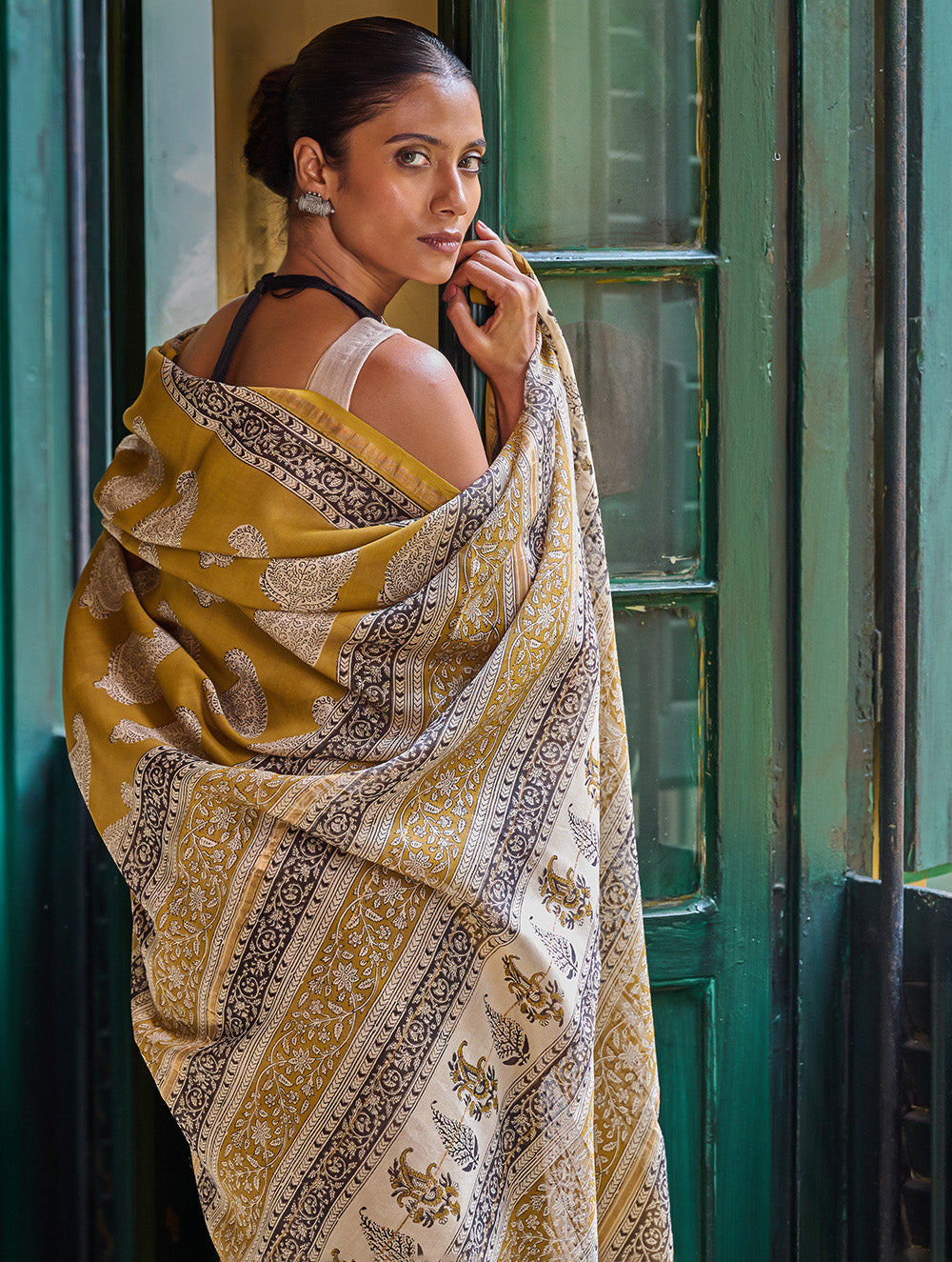 Bagru Statements: Hand Block Printed Modal Silk Saree - Mustard Paisley