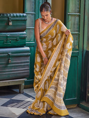 Bagru Statements: Hand Block Printed Modal Silk Saree - Mustard Paisley