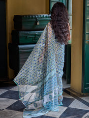 Sanganer Summers. Hand Block Printed Kota Doria Saree - Neel Bagh