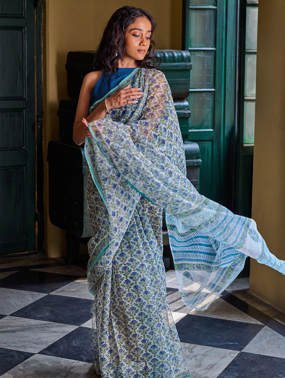 Sanganer Summers. Hand Block Printed Kota Doria Saree - Neel Bagh