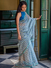 Sanganer Summers. Hand Block Printed Kota Doria Saree - Neel Bagh