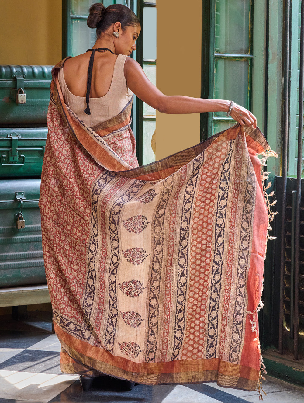Exclusive Bagru Statements: Hand Block Printed Tussore Silk Saree - Gulbadan