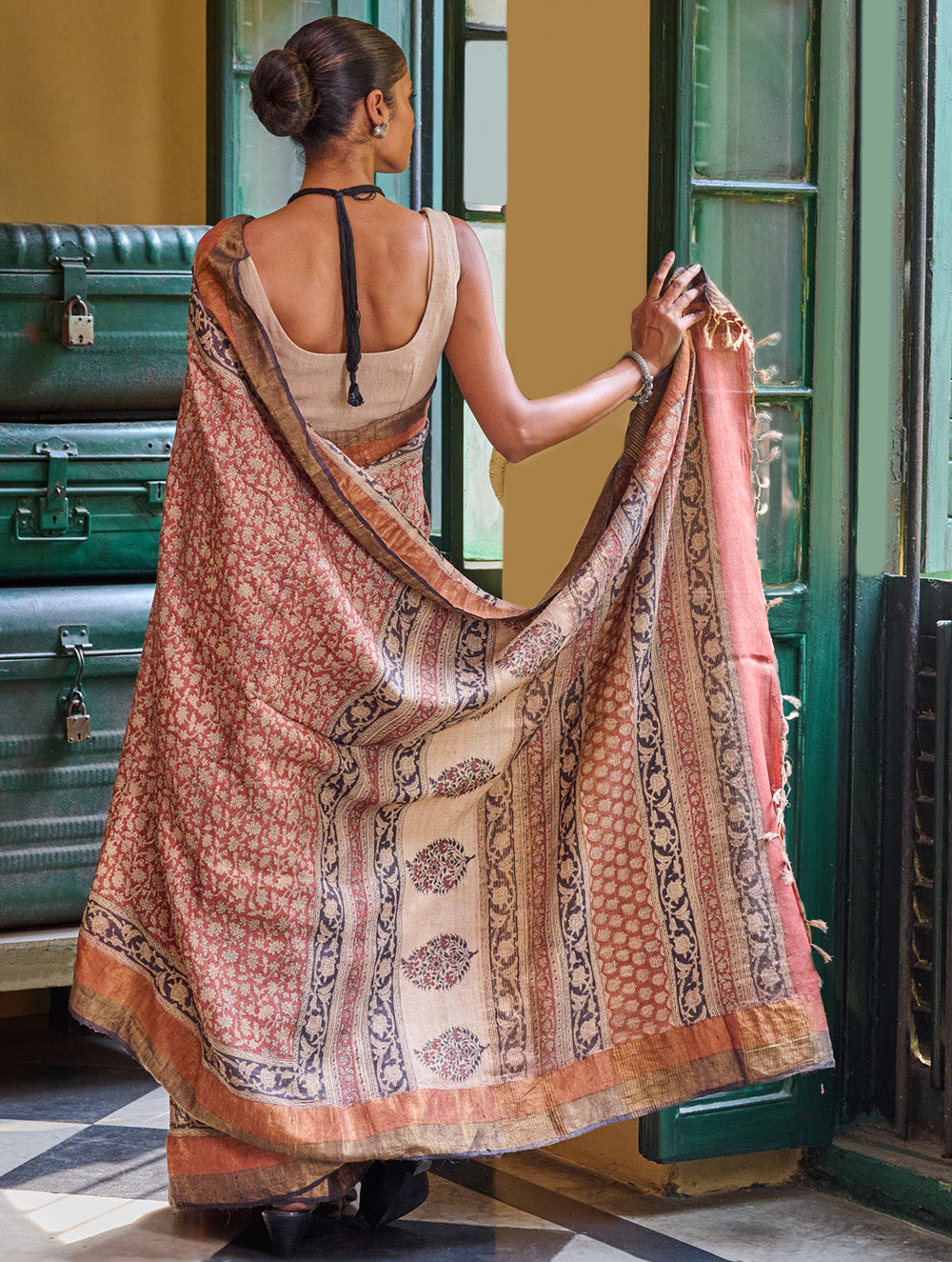 Exclusive Bagru Statements: Hand Block Printed Tussore Silk Saree - Gulbadan