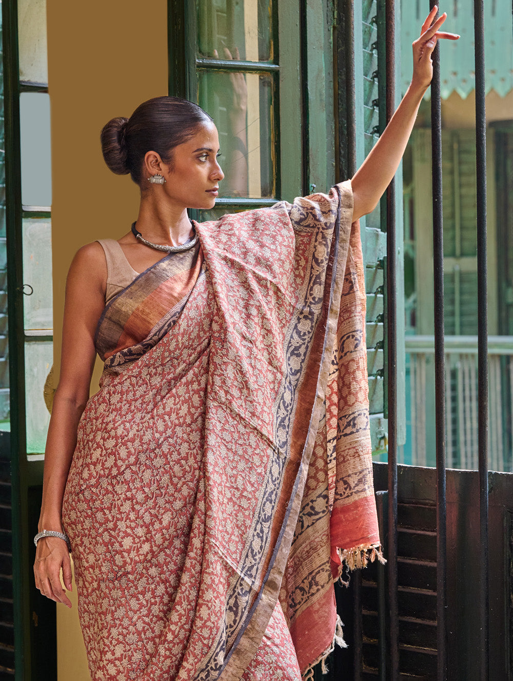 Exclusive Bagru Statements: Hand Block Printed Tussore Silk Saree - Gulbadan