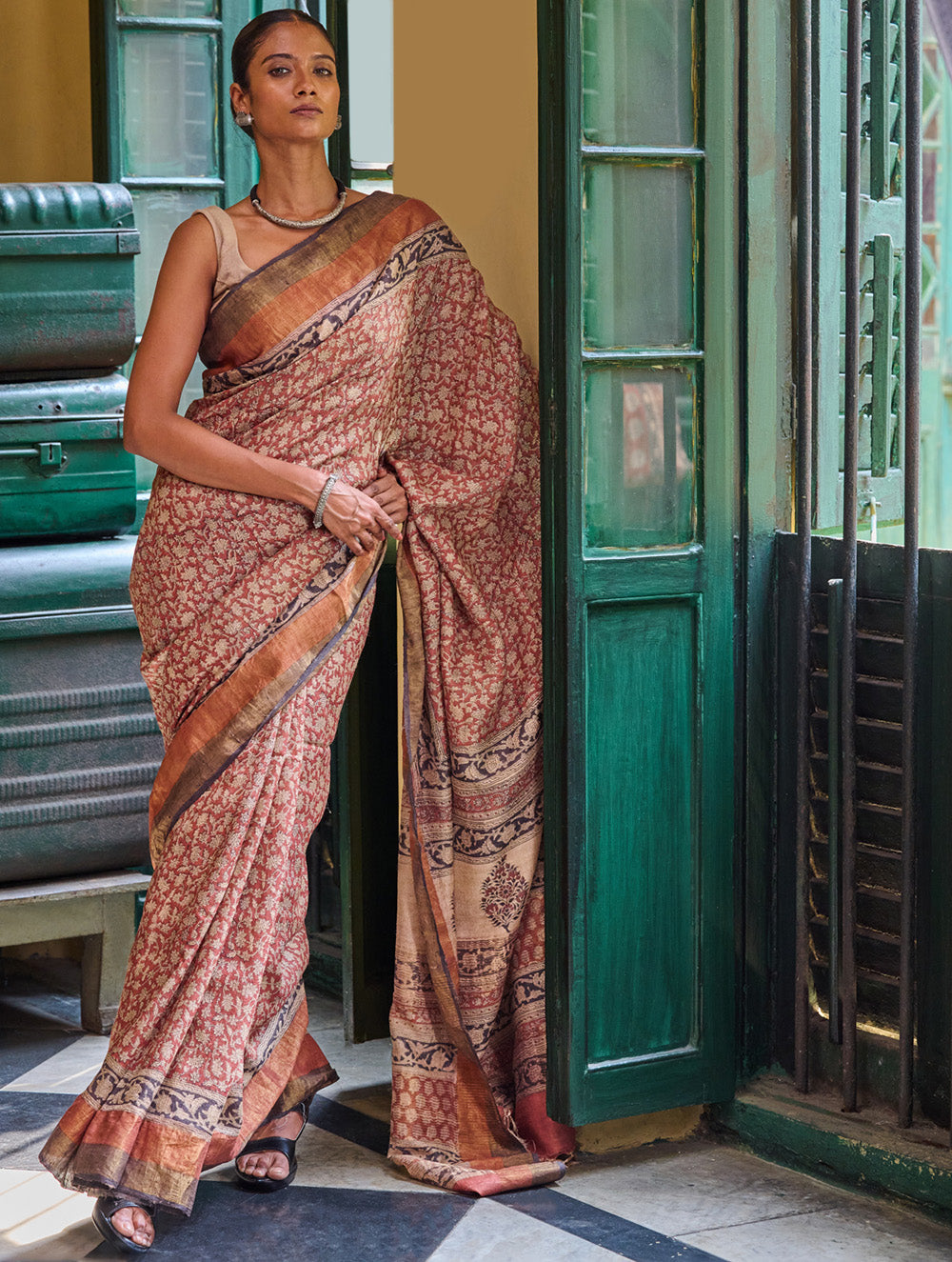 Exclusive Bagru Statements: Hand Block Printed Tussore Silk Saree - Gulbadan