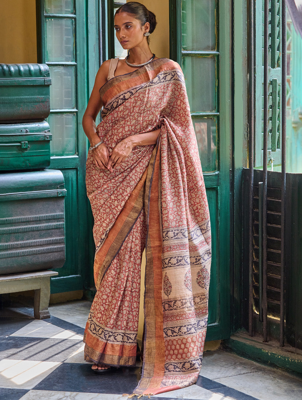 Exclusive Bagru Statements: Hand Block Printed Tussore Silk Saree - Gulbadan