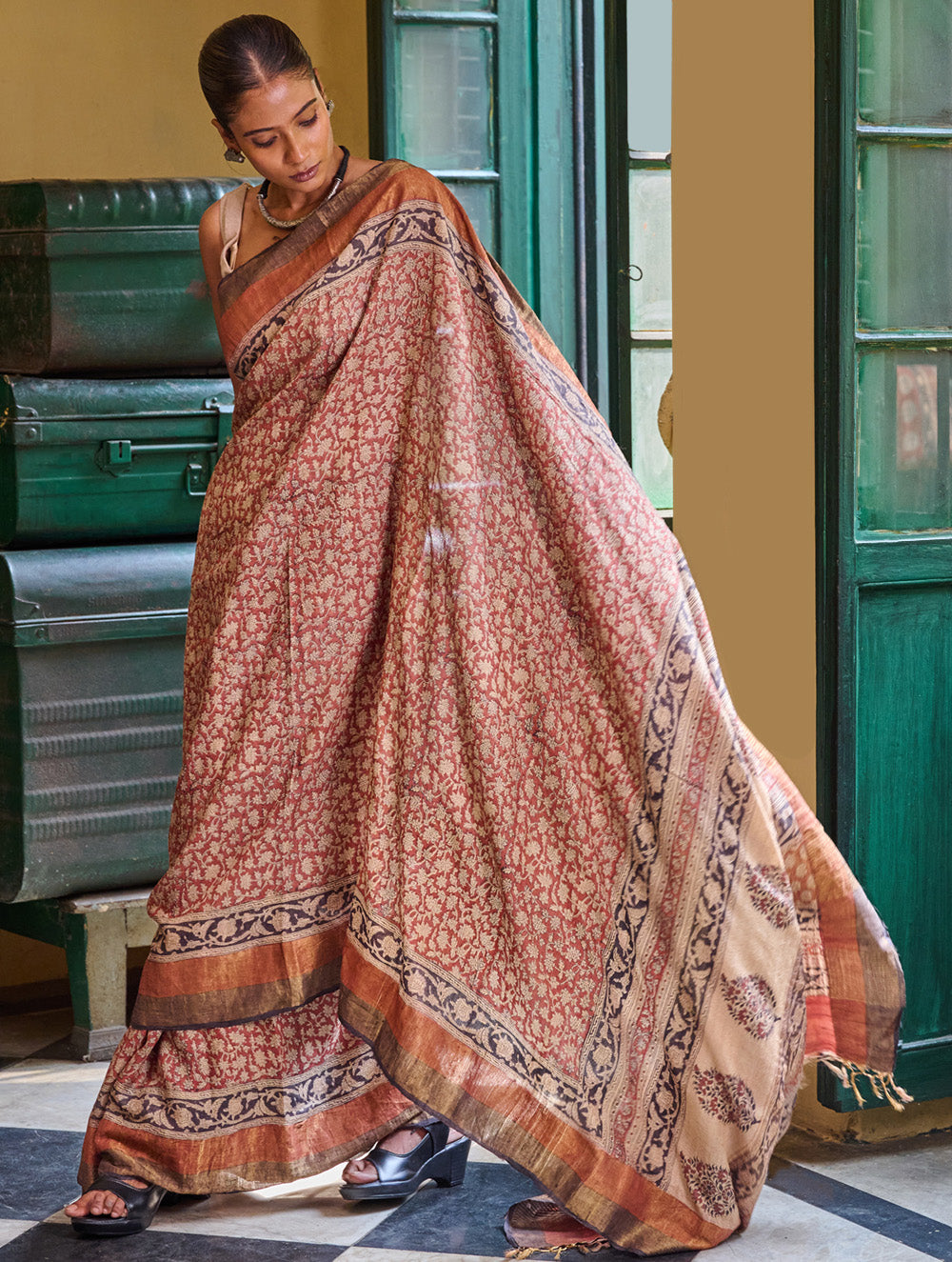 Exclusive Bagru Statements: Hand Block Printed Tussore Silk Saree - Gulbadan