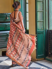 Exclusive Bagru Statements: Hand Block Printed Tussore Silk Saree - Anar Gul
