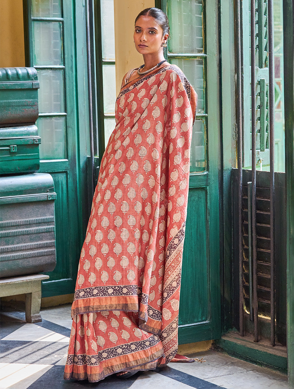 Exclusive Bagru Statements: Hand Block Printed Tussore Silk Saree - Anar Gul