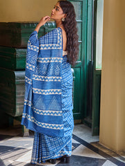 Dabu Vibes. Hand Block Printed Mul Cotton Saree - Indigo Checks