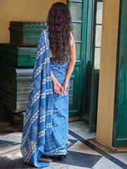 Dabu Vibes. Hand Block Printed Mul Cotton Saree - Indigo Checks