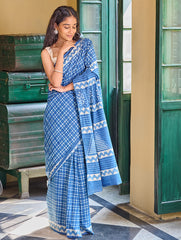 Dabu Vibes. Hand Block Printed Mul Cotton Saree - Indigo Checks