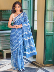 Dabu Vibes. Hand Block Printed Mul Cotton Saree - Indigo Checks