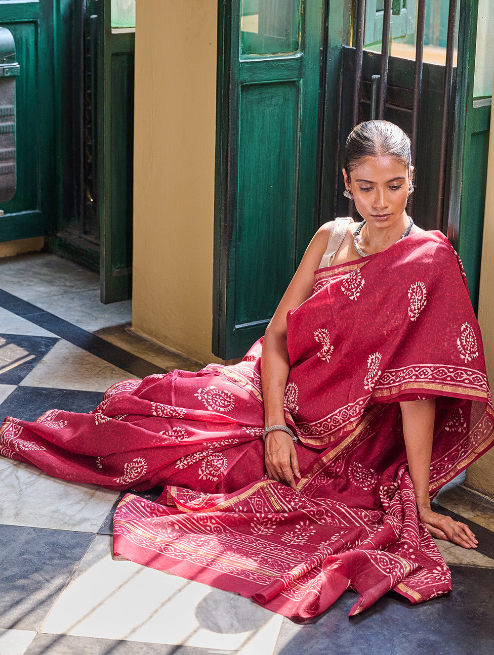 Bagru Statements: Hand Block Printed Chanderi Saree - Red Kairi